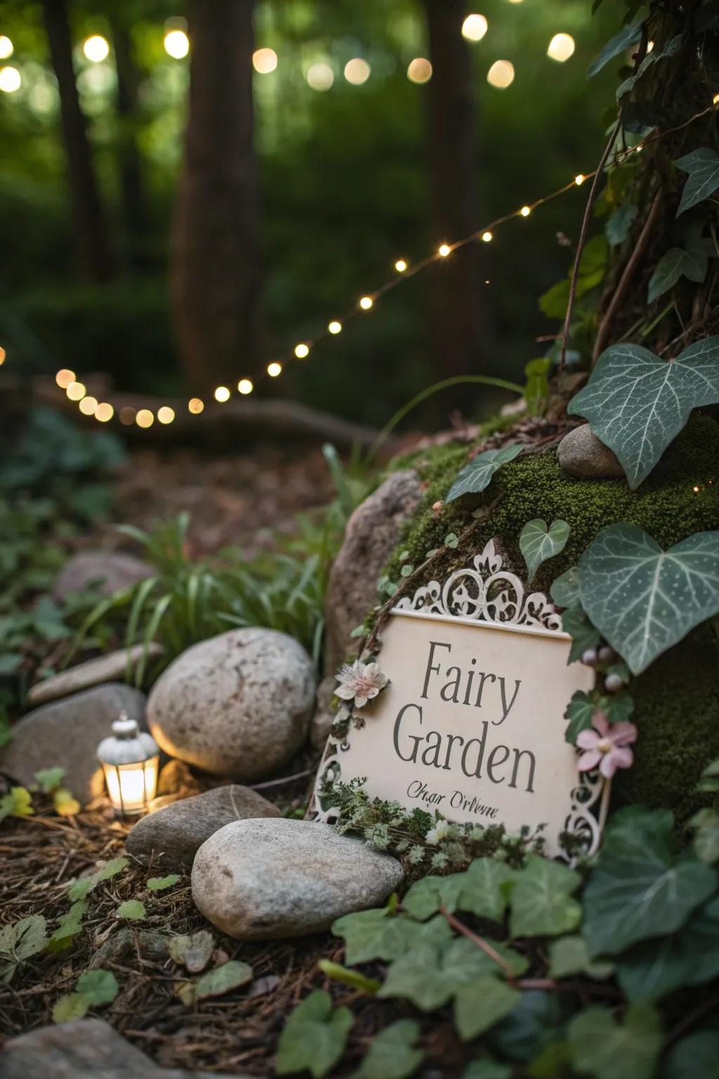 Fairy garden sign adorned with stones and leaves, blending with nature.