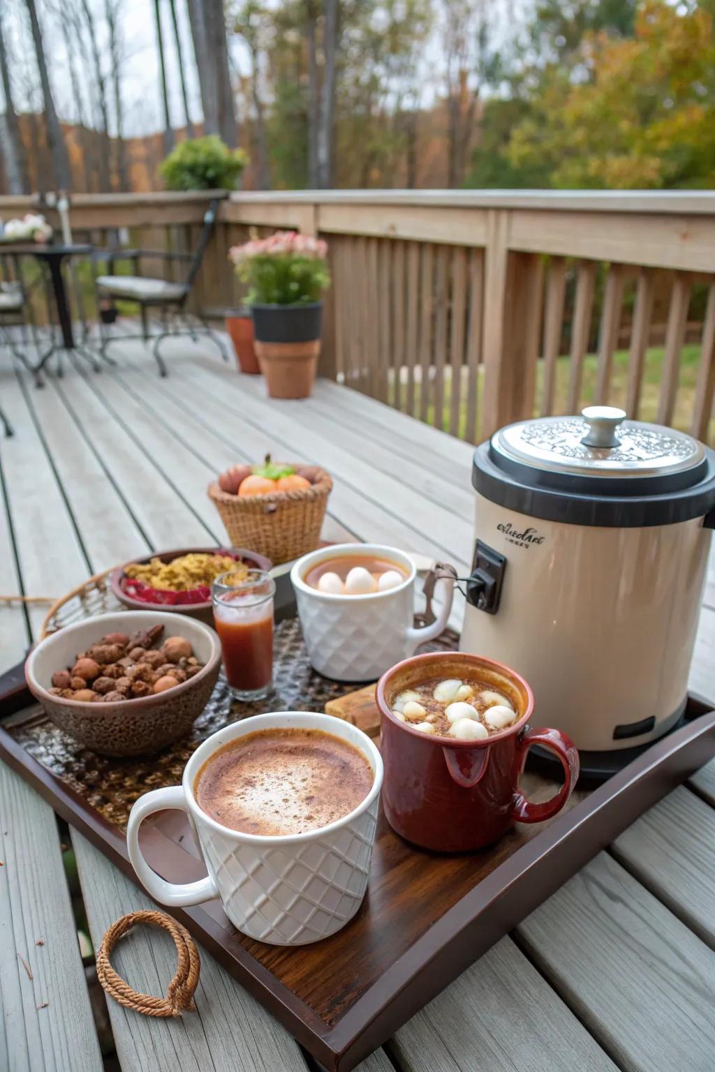 A hot drink station offers a warm welcome to guests on chilly fall days.