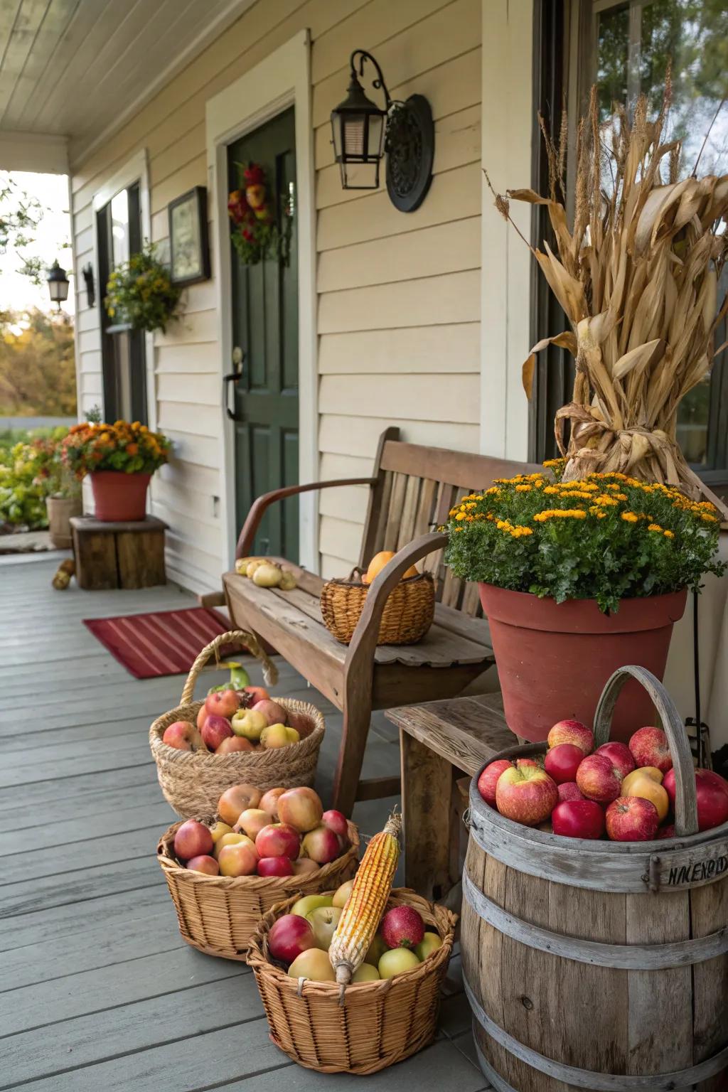 Baskets of harvest goods create a charming fall display.