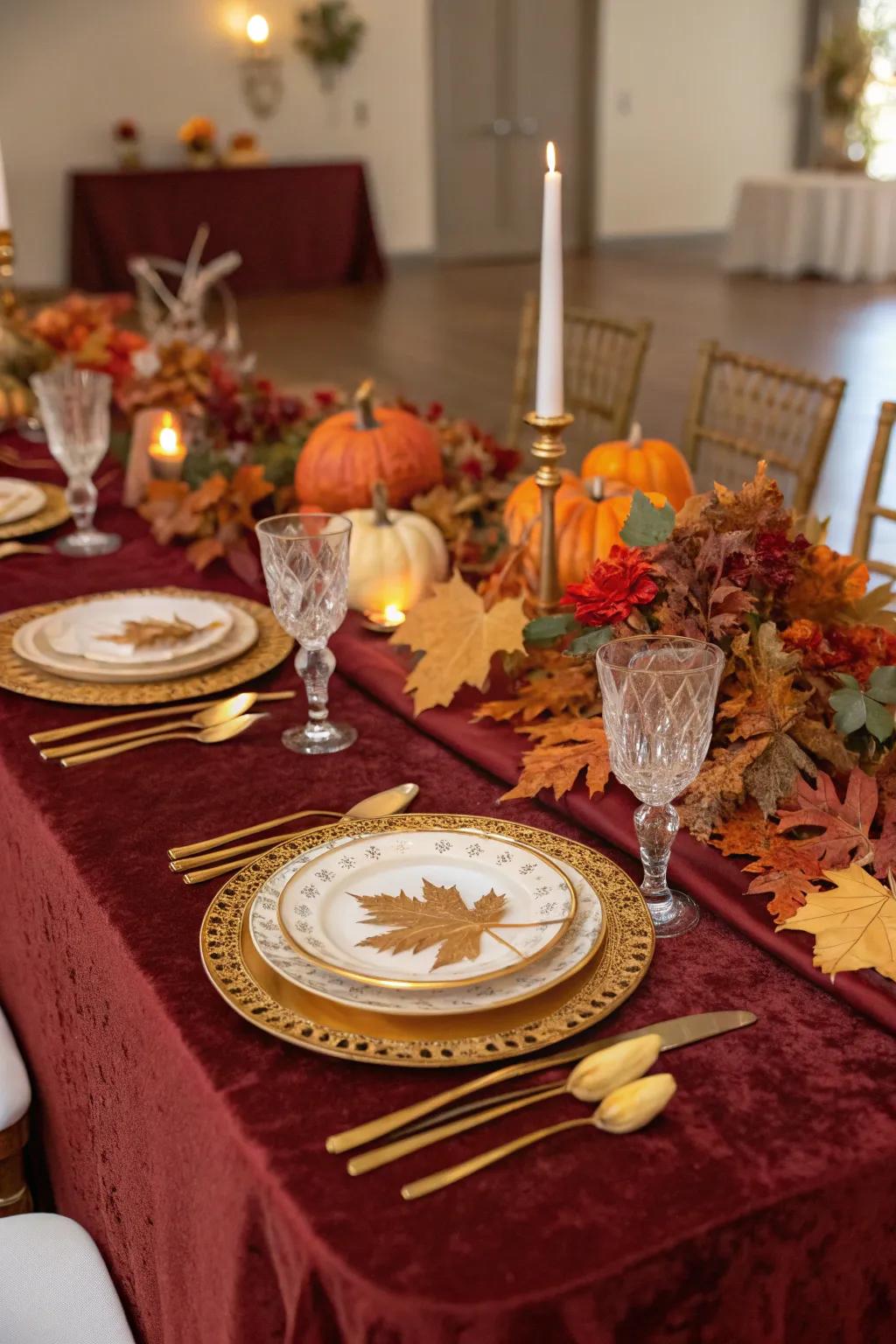 Luxurious velvet touches in a fall wedding setting.