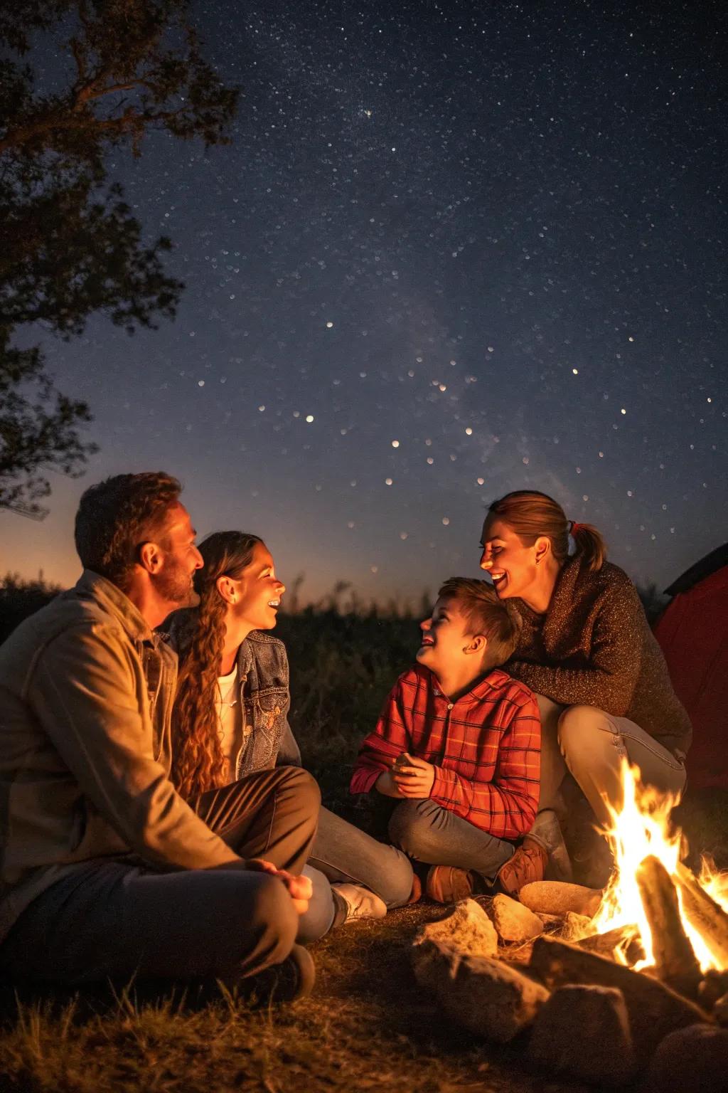 Campfire family gathering, sharing stories under the stars.