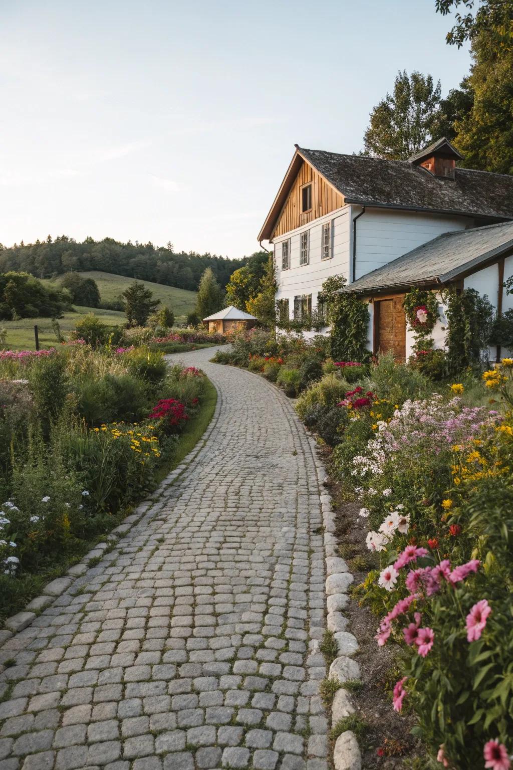 Cobblestone driveways adding old-world charm and texture.