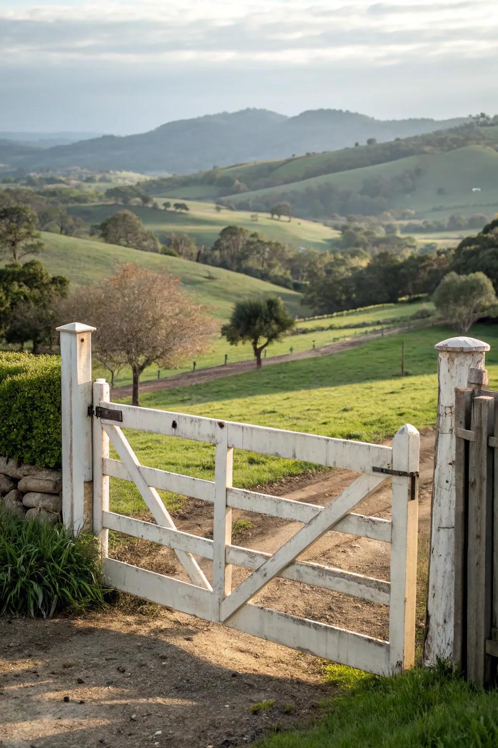 A vinyl gate providing a wood-like charm with minimal maintenance.