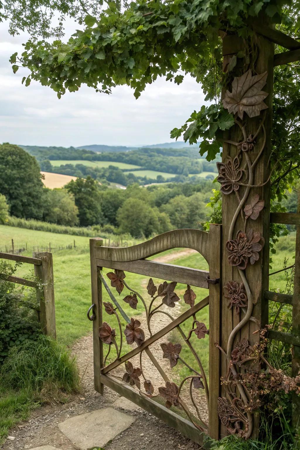 Nature-inspired motifs bring an organic touch to the farm gate, enhancing its natural appeal.