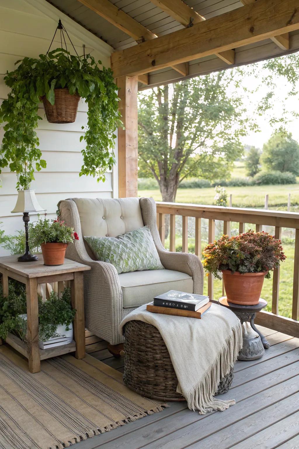 A reading nook offers a tranquil retreat on your porch.
