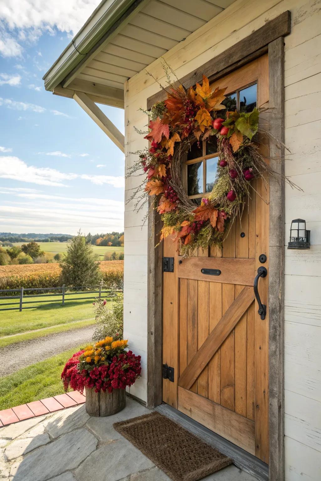 A seasonal wreath adds warmth and welcome to the front door.