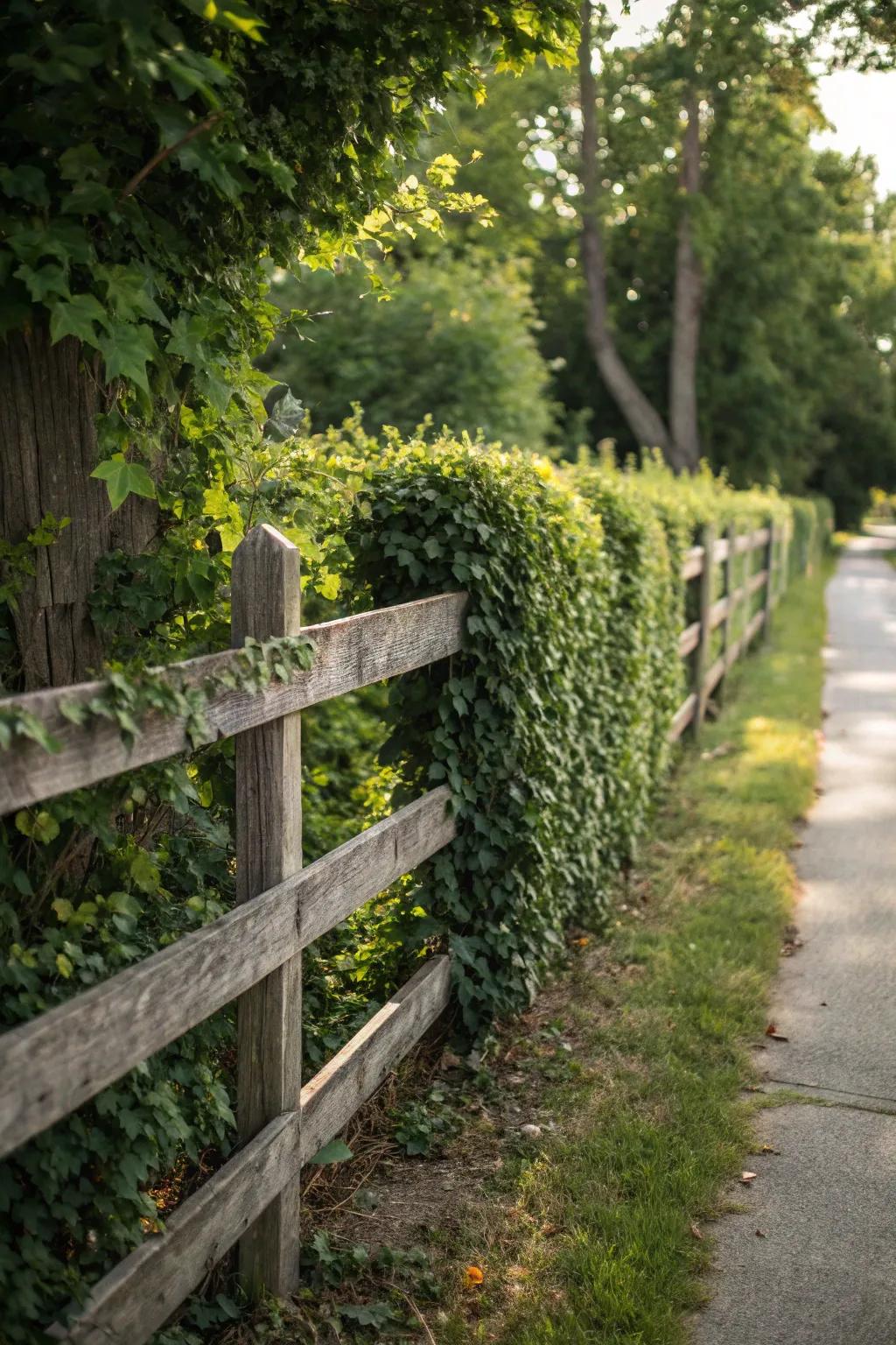 Hedges interwoven with fencing create a living boundary.