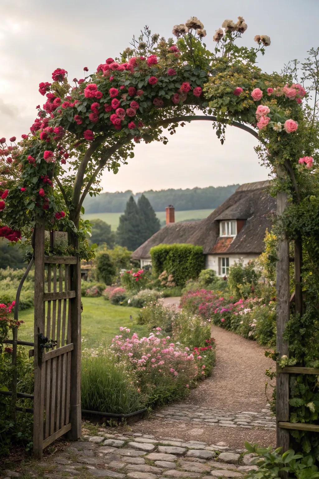 A beautifully adorned archway acts as a focal point, adding romance and structure to the garden.