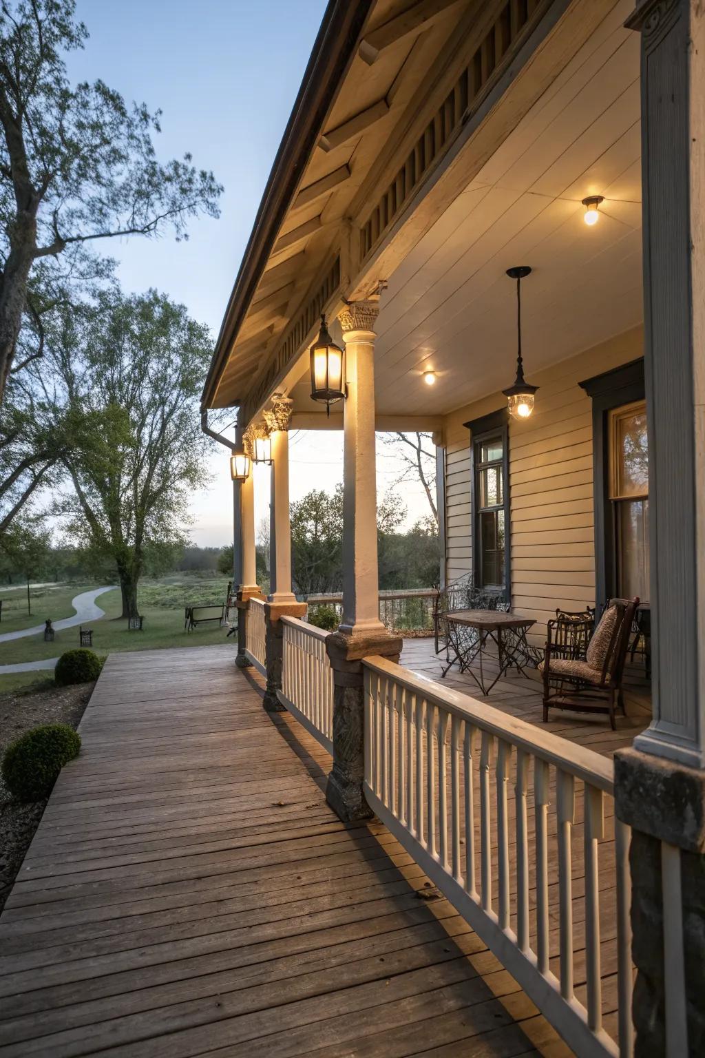 Highlight architectural features with strategic lighting on your porch.