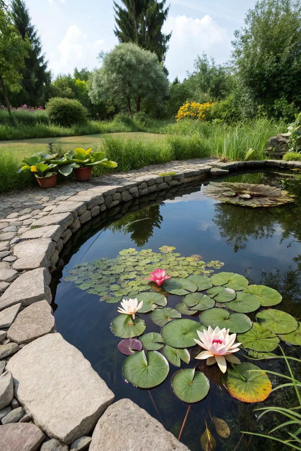 A serene water feature adding tranquility to the landscape.