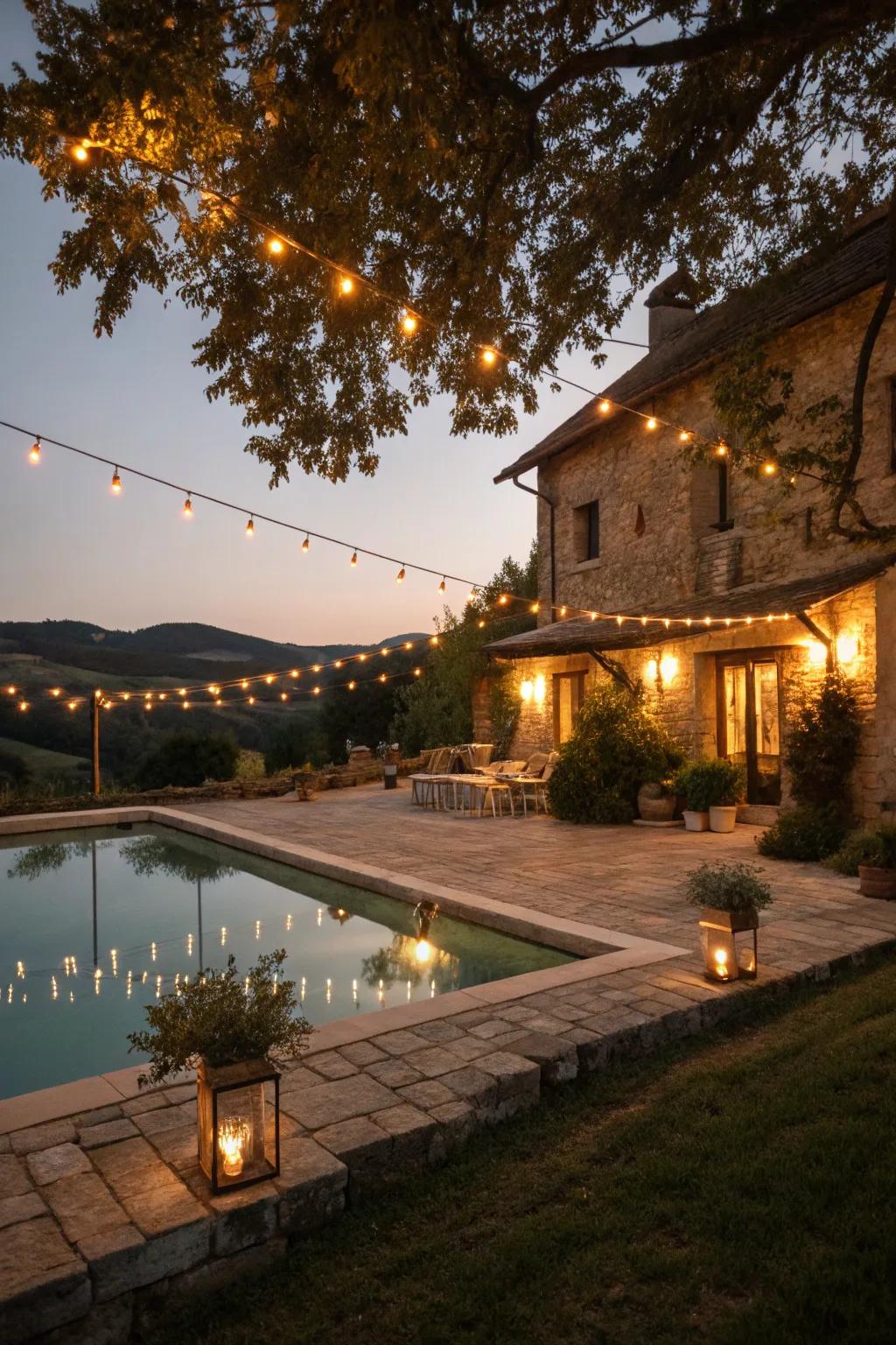 Warm lighting transforms a farmhouse pool at night.