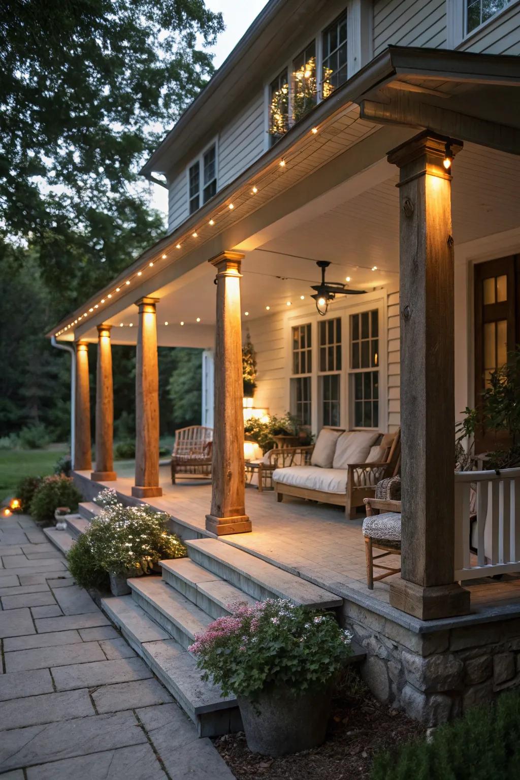 Column lighting adds a warm and inviting glow to the porch.