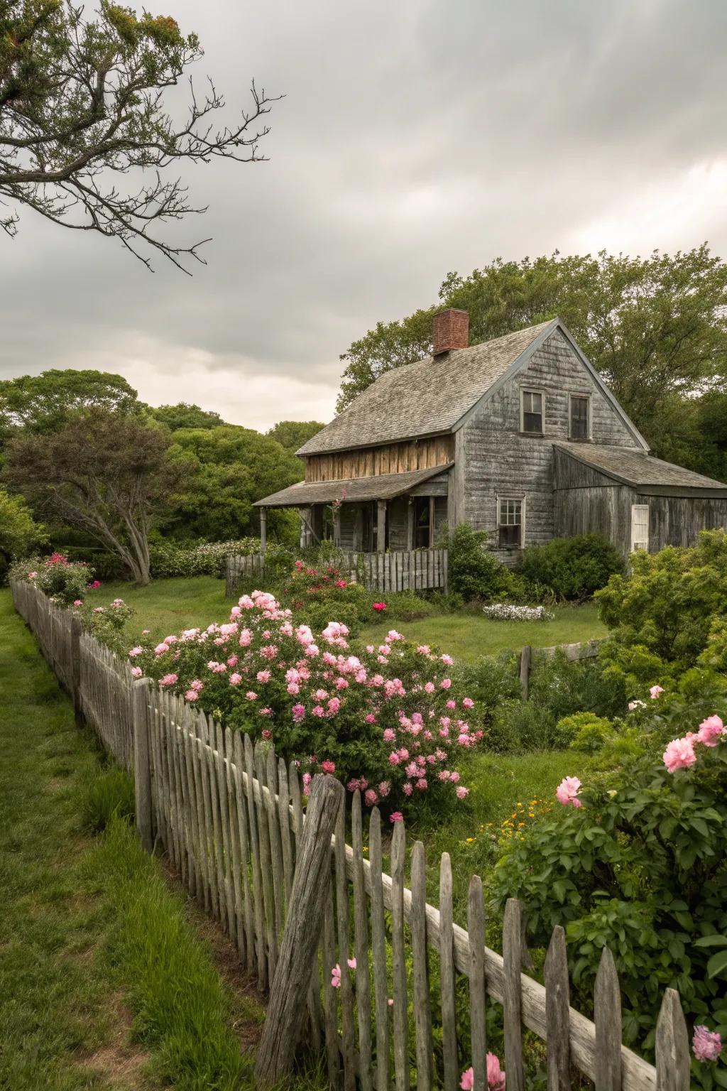 Rustic architecture serving as a beautiful garden backdrop.