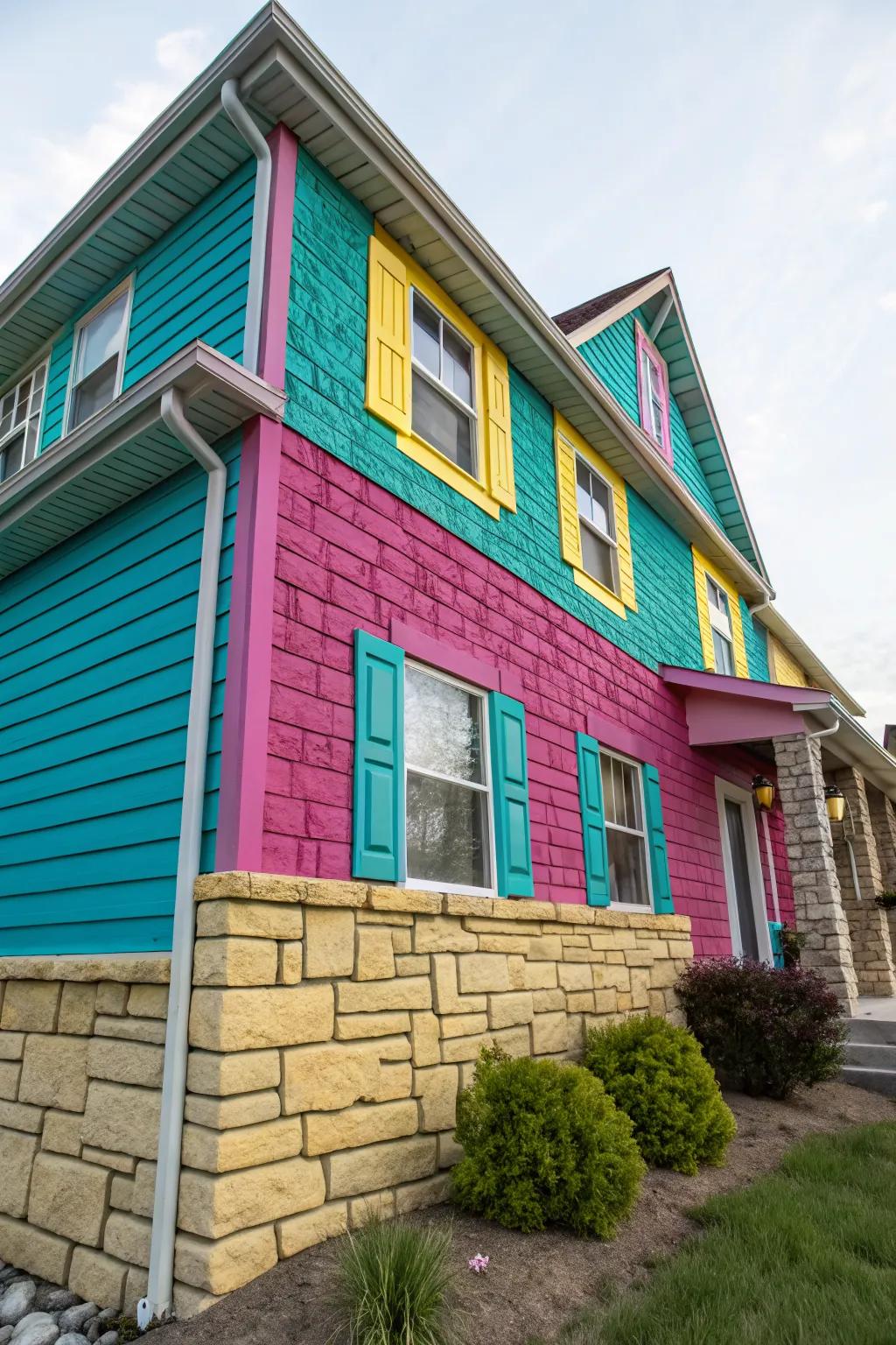 Bold and colorful faux stone siding