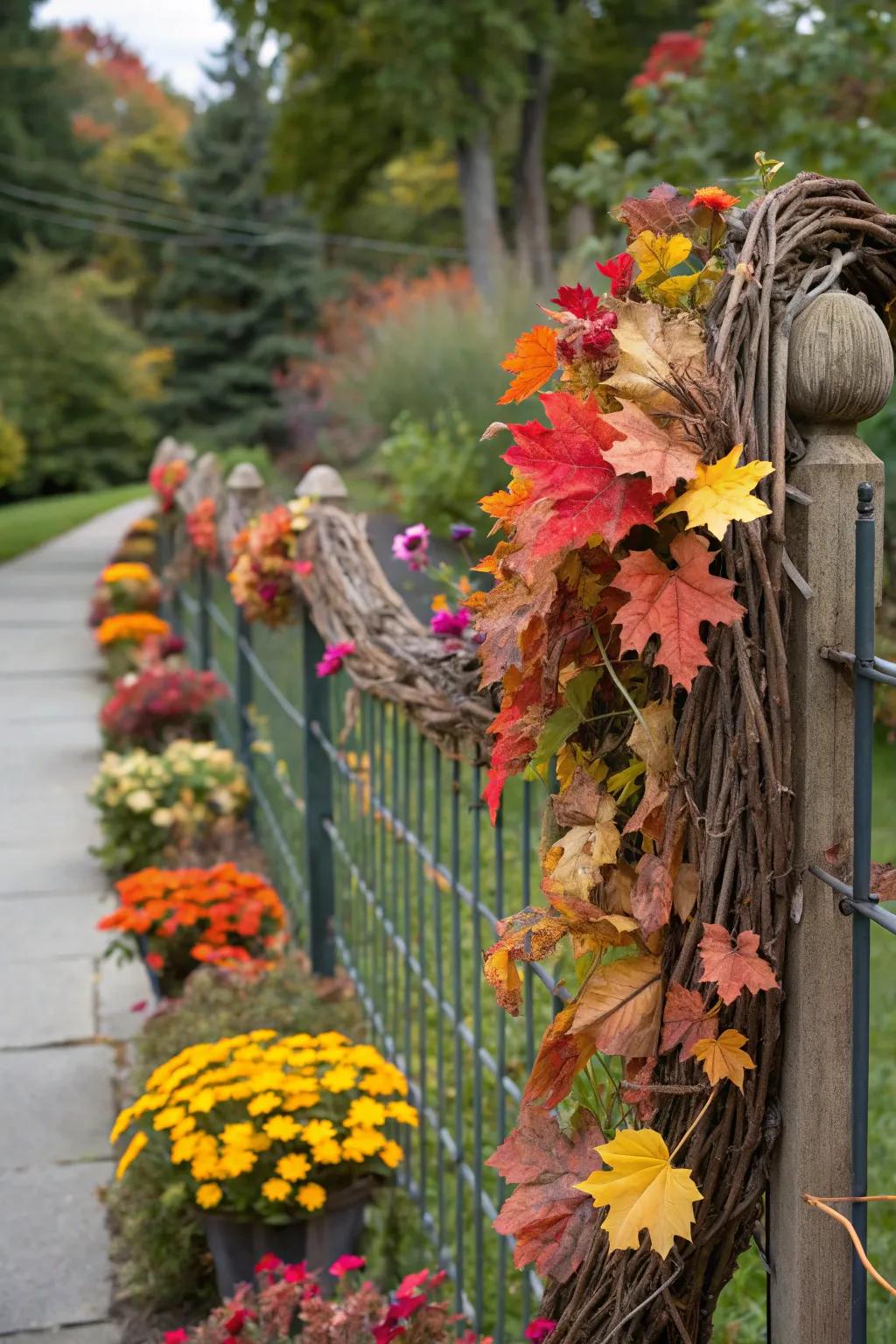 Seasonal decorations keep this garden fence art fresh and engaging.