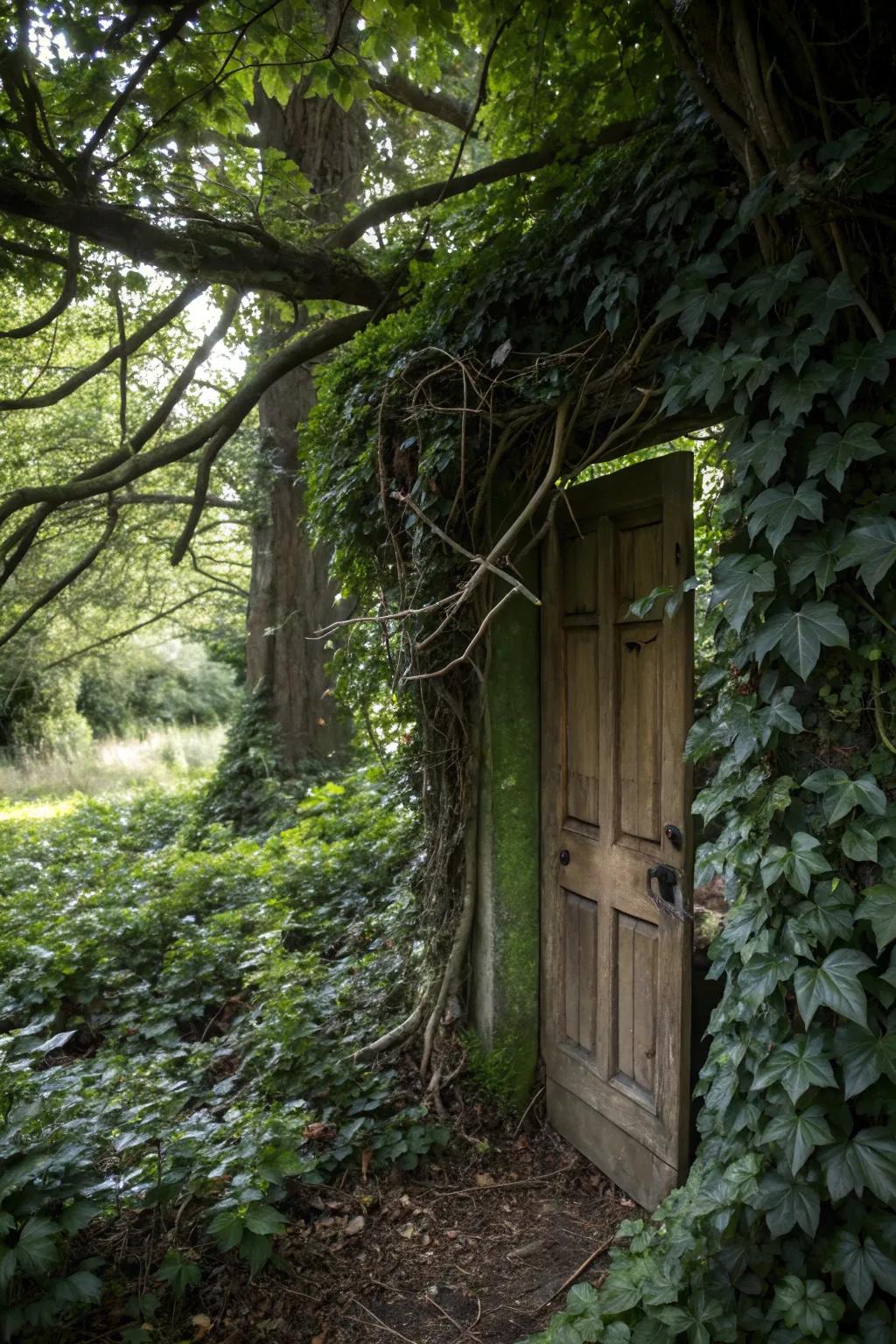 A secret garden door adds a whimsical and inviting touch.