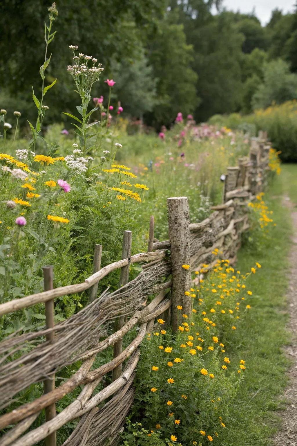 Wattle fencing adds a rustic, cottage-like charm.