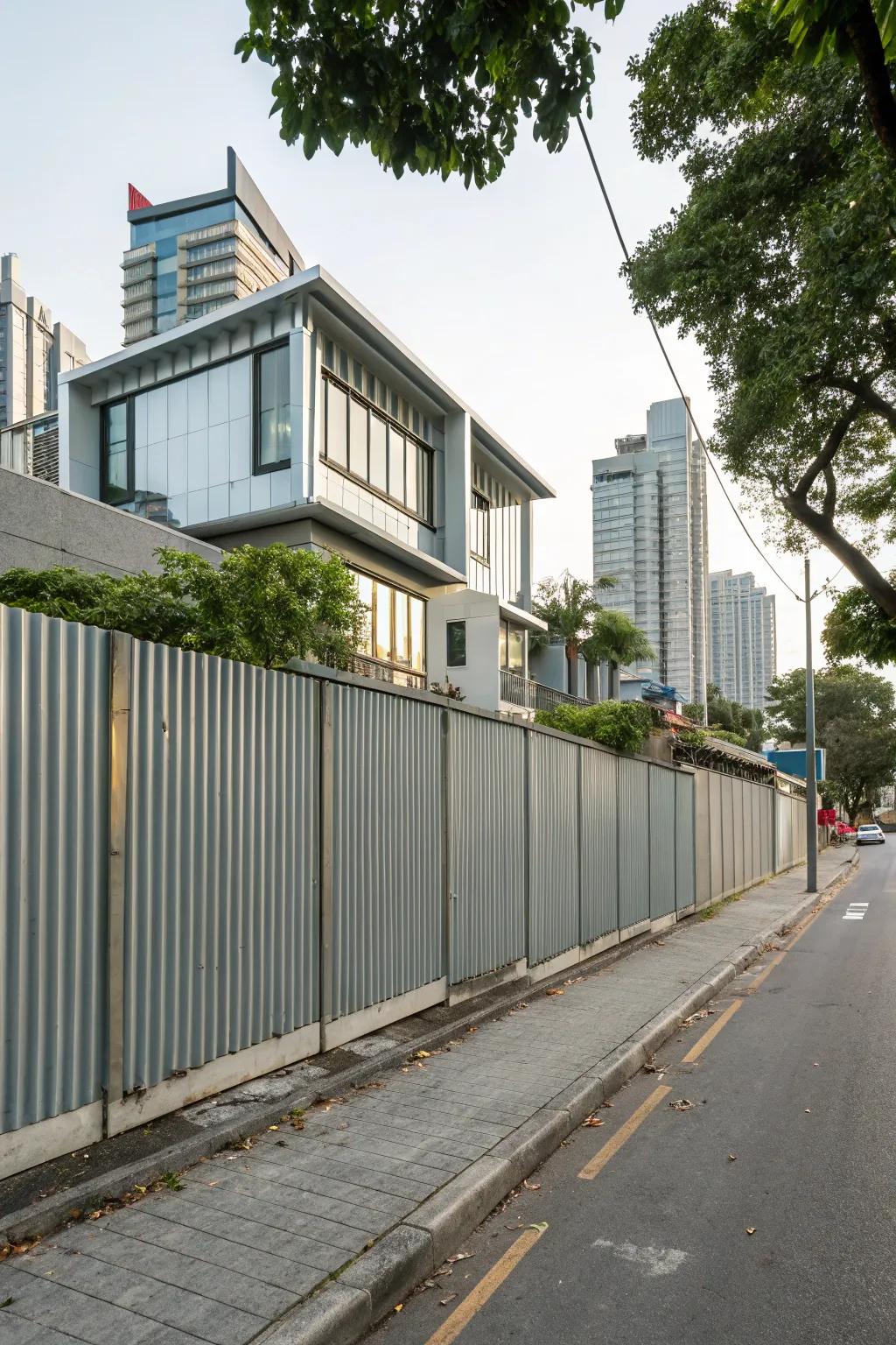 A corrugated metal fence offers bold, industrial chic style.