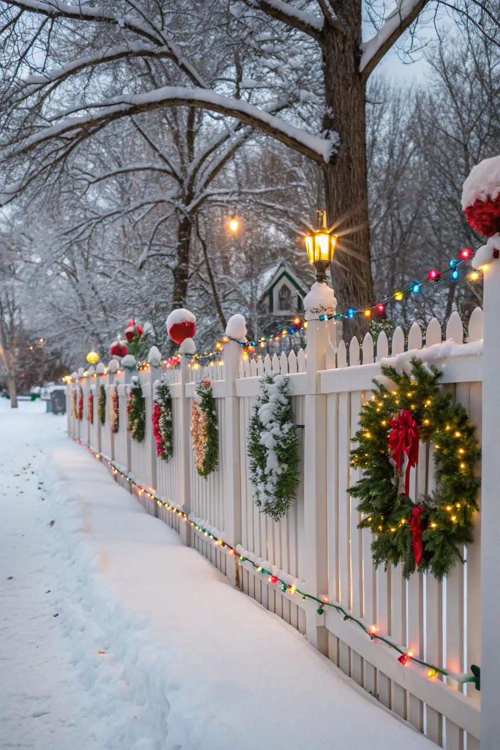 Holiday-themed toppers spreading festive cheer to a winter garden fence.