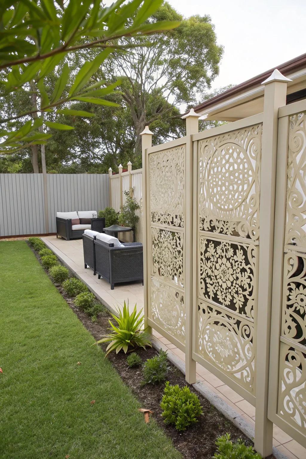 Decorative panels add privacy and artistic flair.