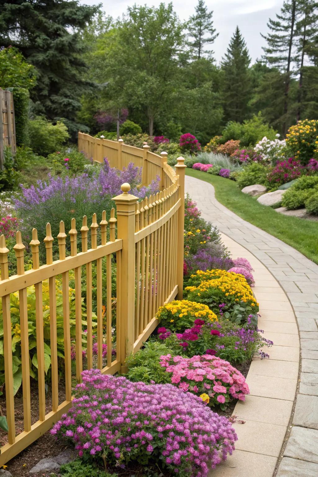 A honey gold stained fence makes a show-stopping statement in a vibrant garden.