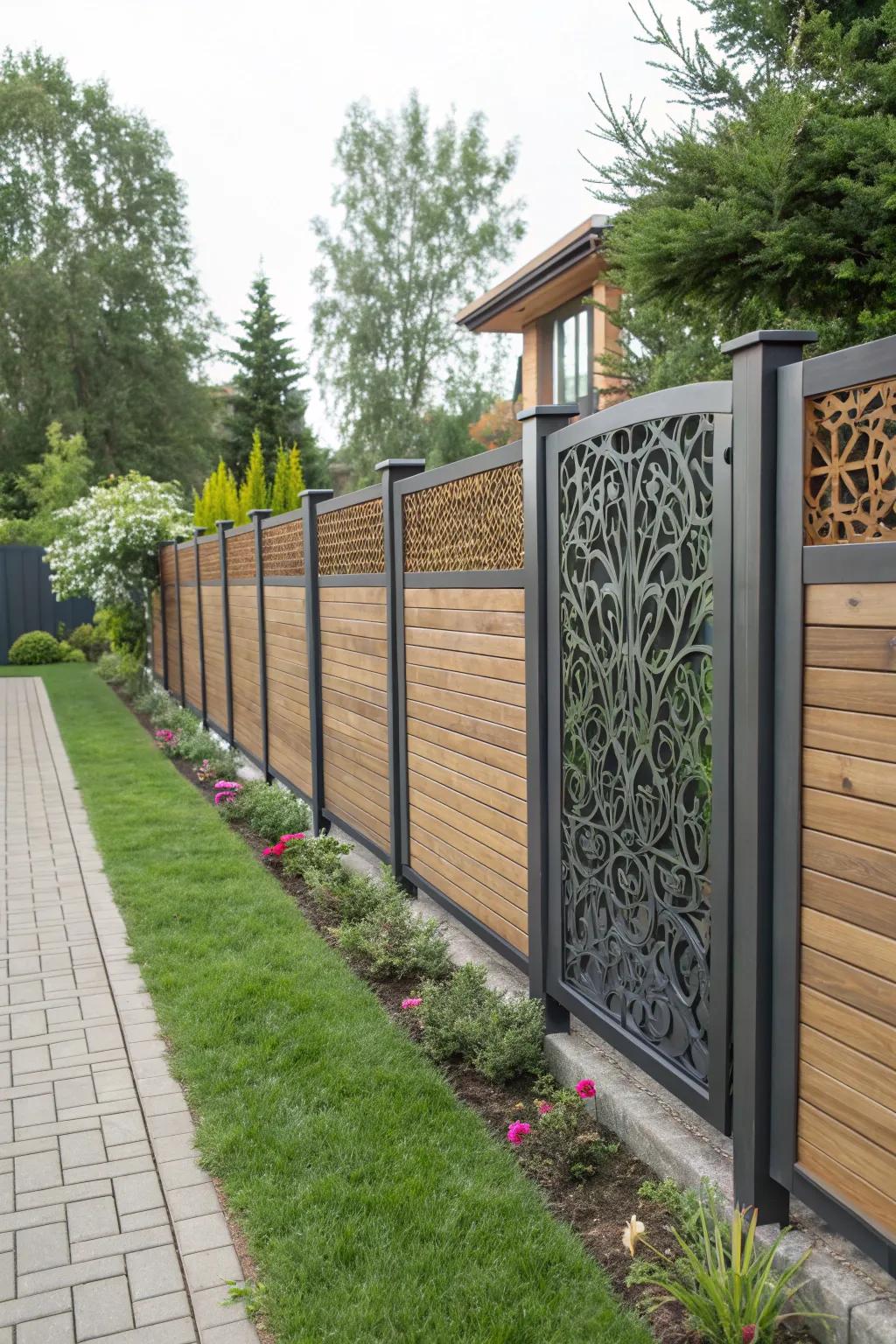 Mixed materials create a stunning modern fence.
