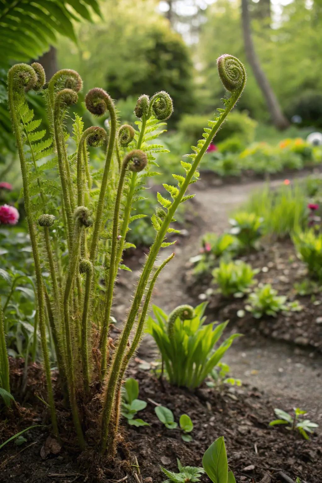 Edible fiddlehead ferns add a gourmet touch to the garden.