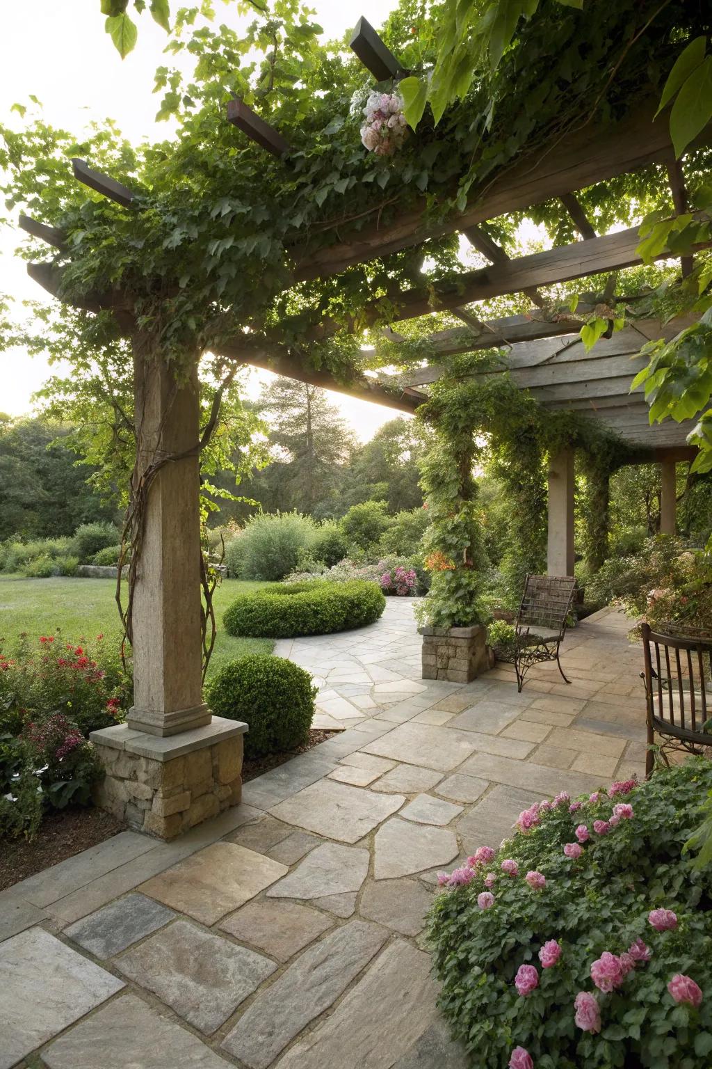 A pergola provides shade and a touch of nature.