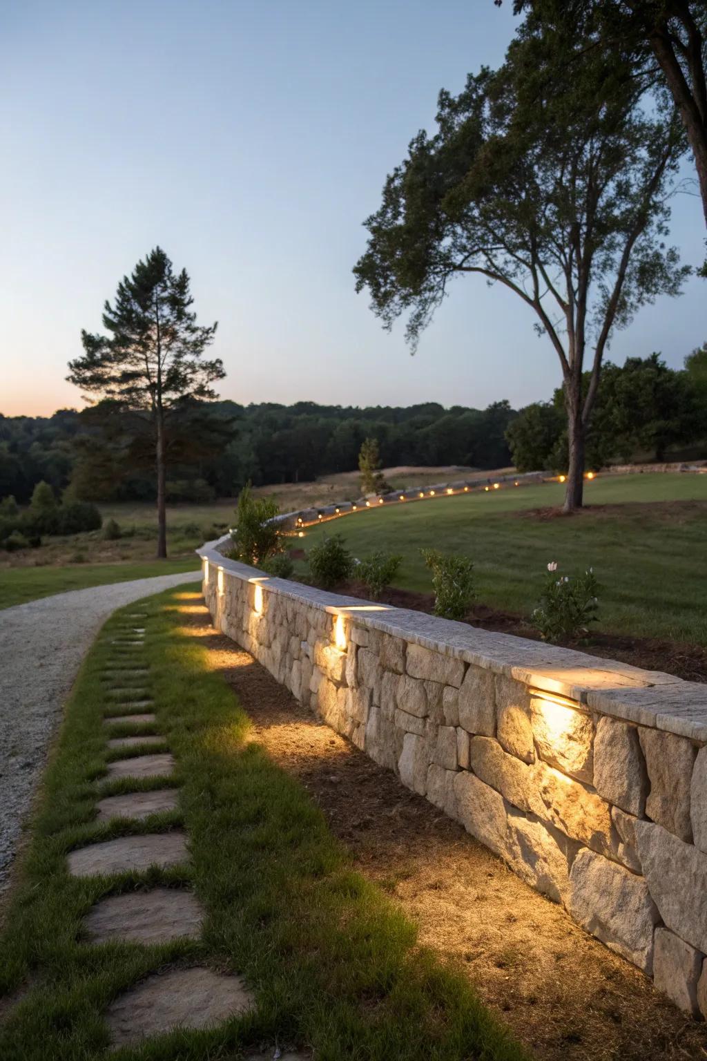 Evening elegance with stone wall lighting.