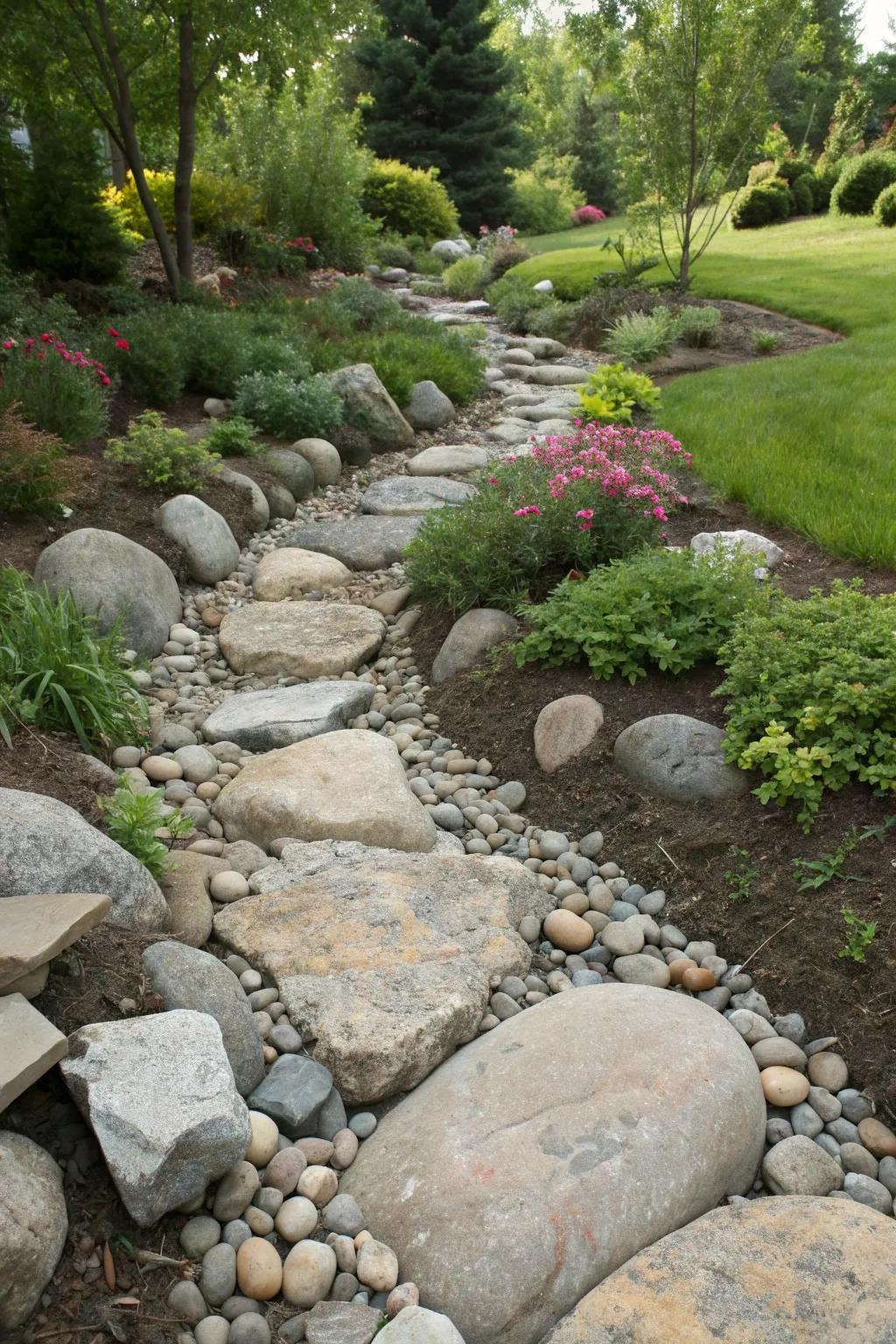 Fieldstone dry creek beds add texture and interest to landscapes.