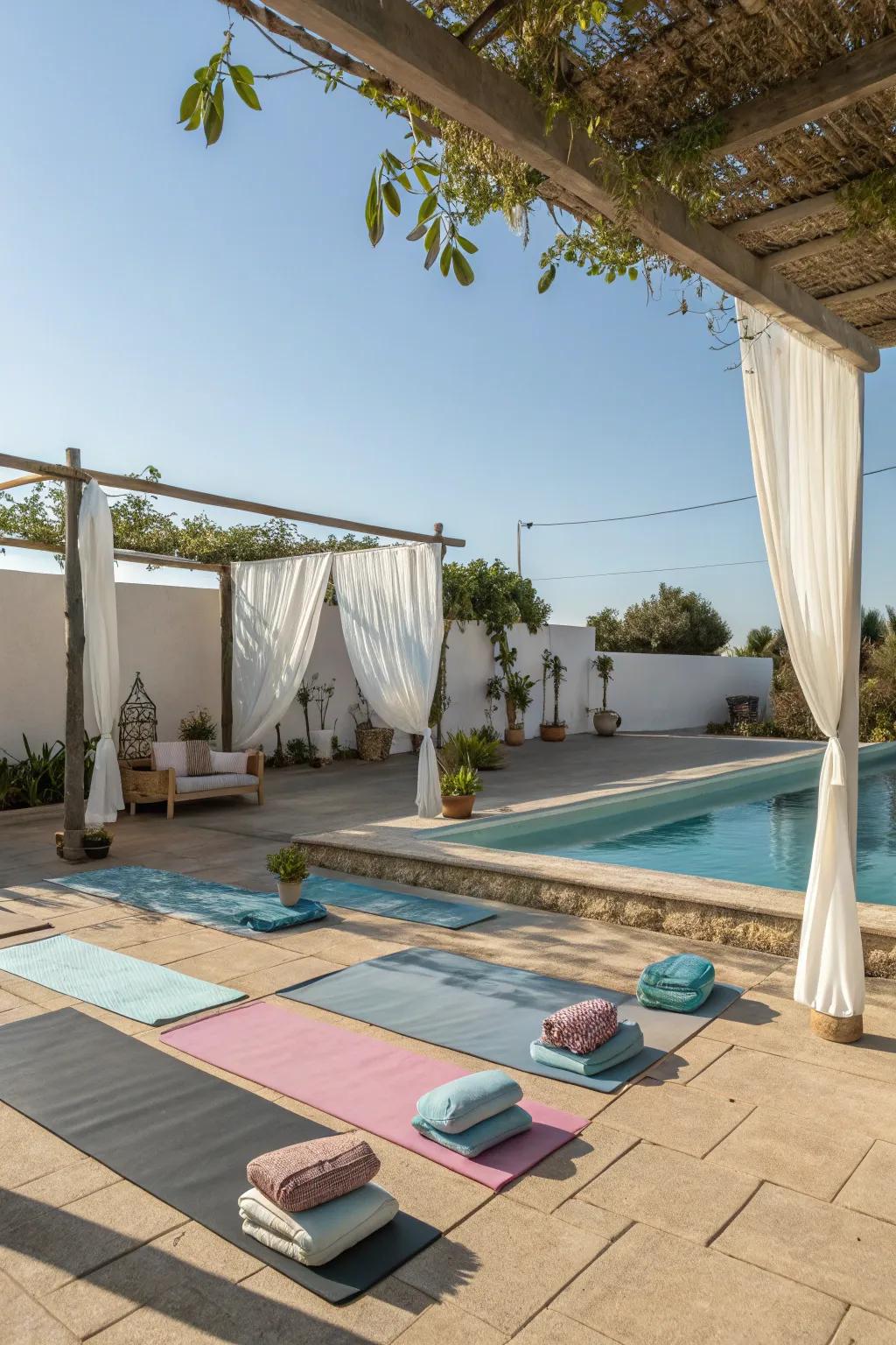 A serene yoga studio now sits where a pool used to be.