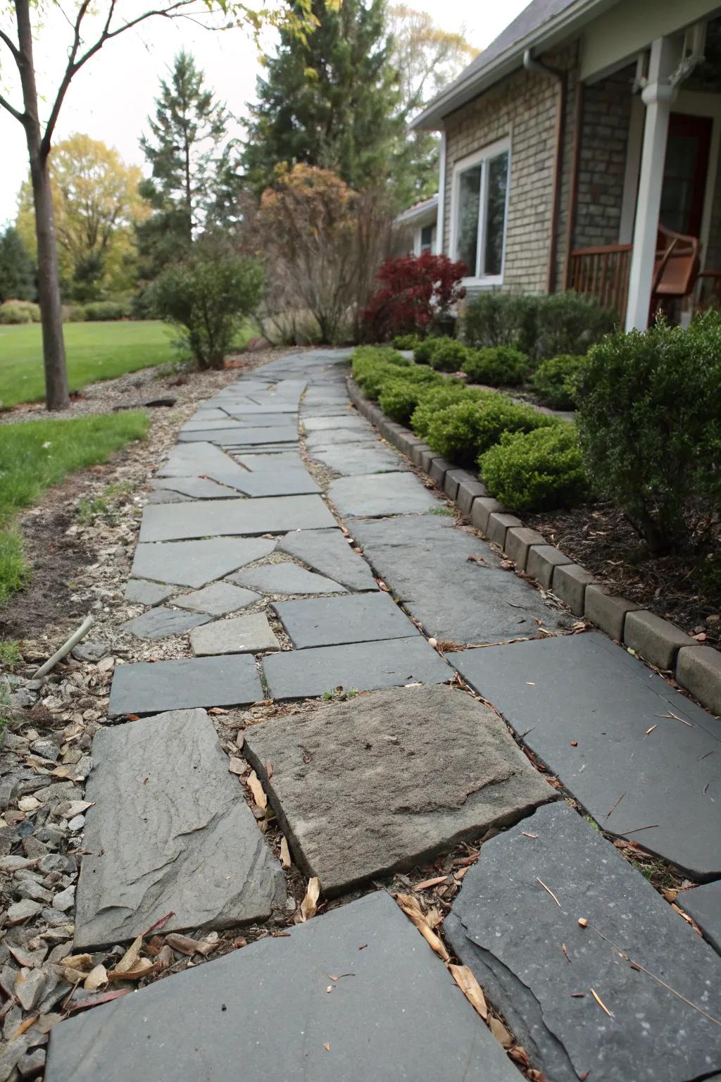 Broken slate adds a modern edge and depth between pavers.