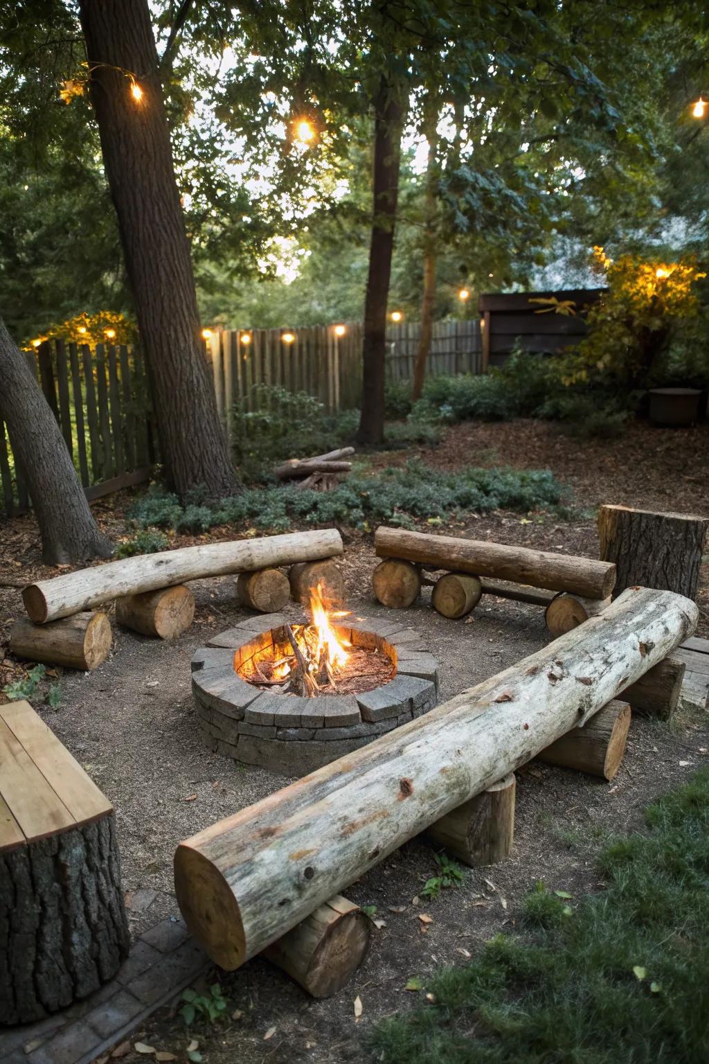 Rustic DIY log benches enhancing a natural fire pit atmosphere.