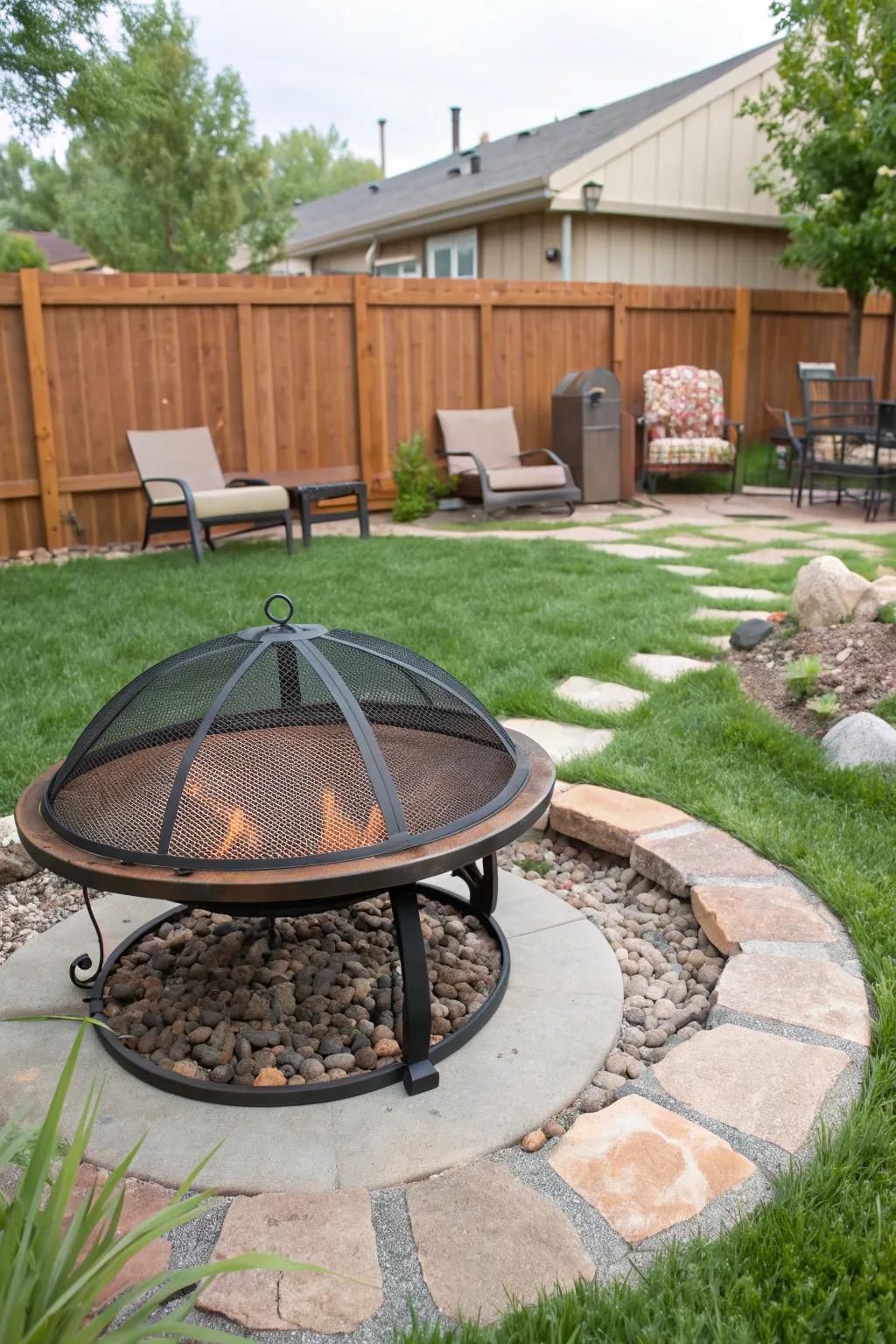 A safety cover adds peace of mind to this family-friendly fire pit setup.