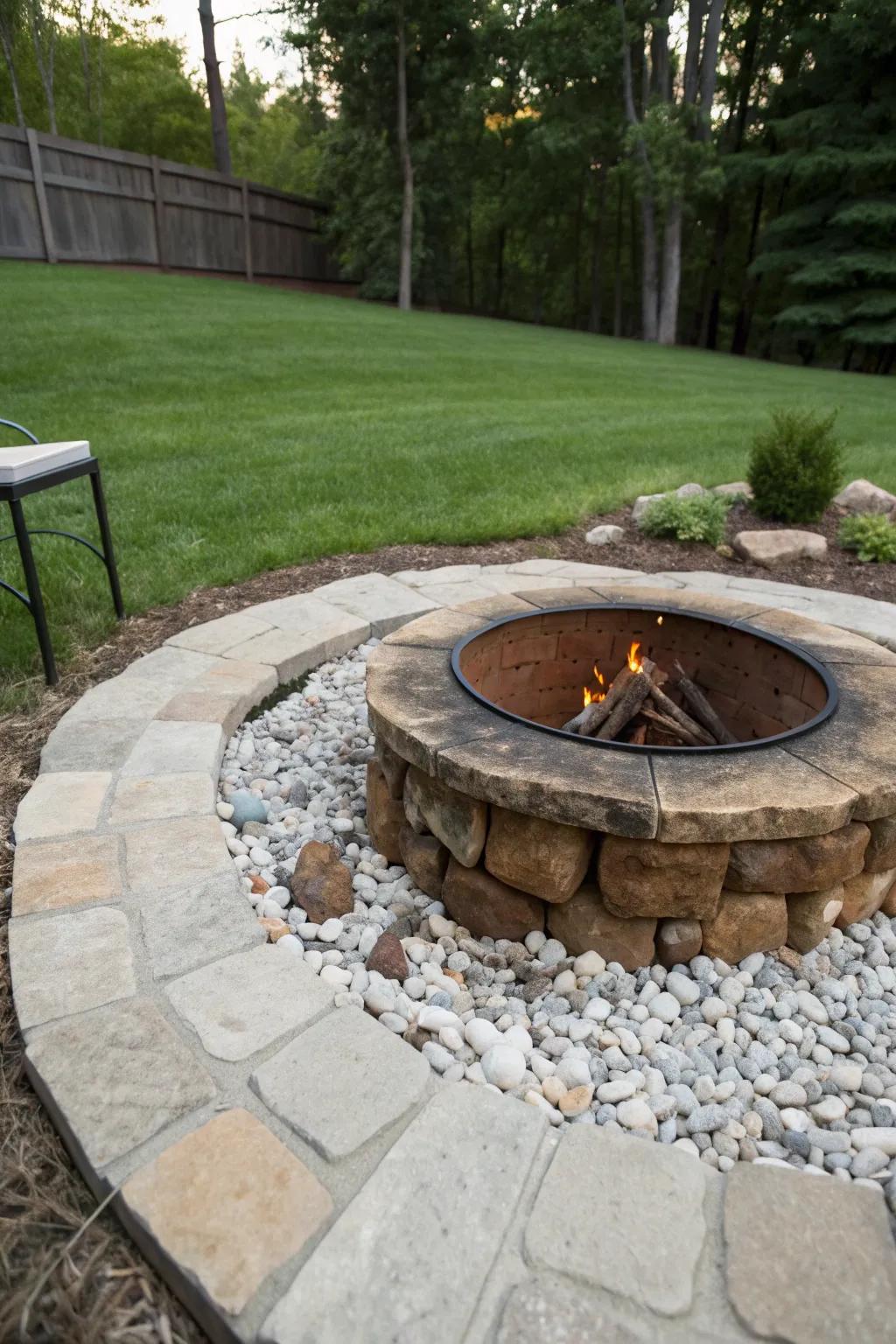 A fire pit set on a durable stone and gravel base.