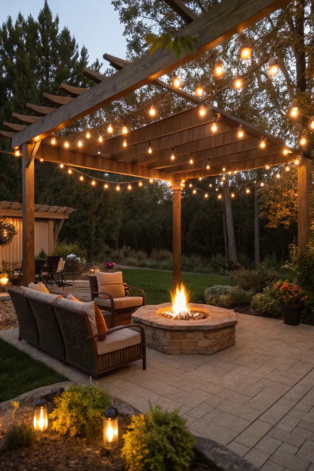 Pergola adds structure and style to the fire pit area.
