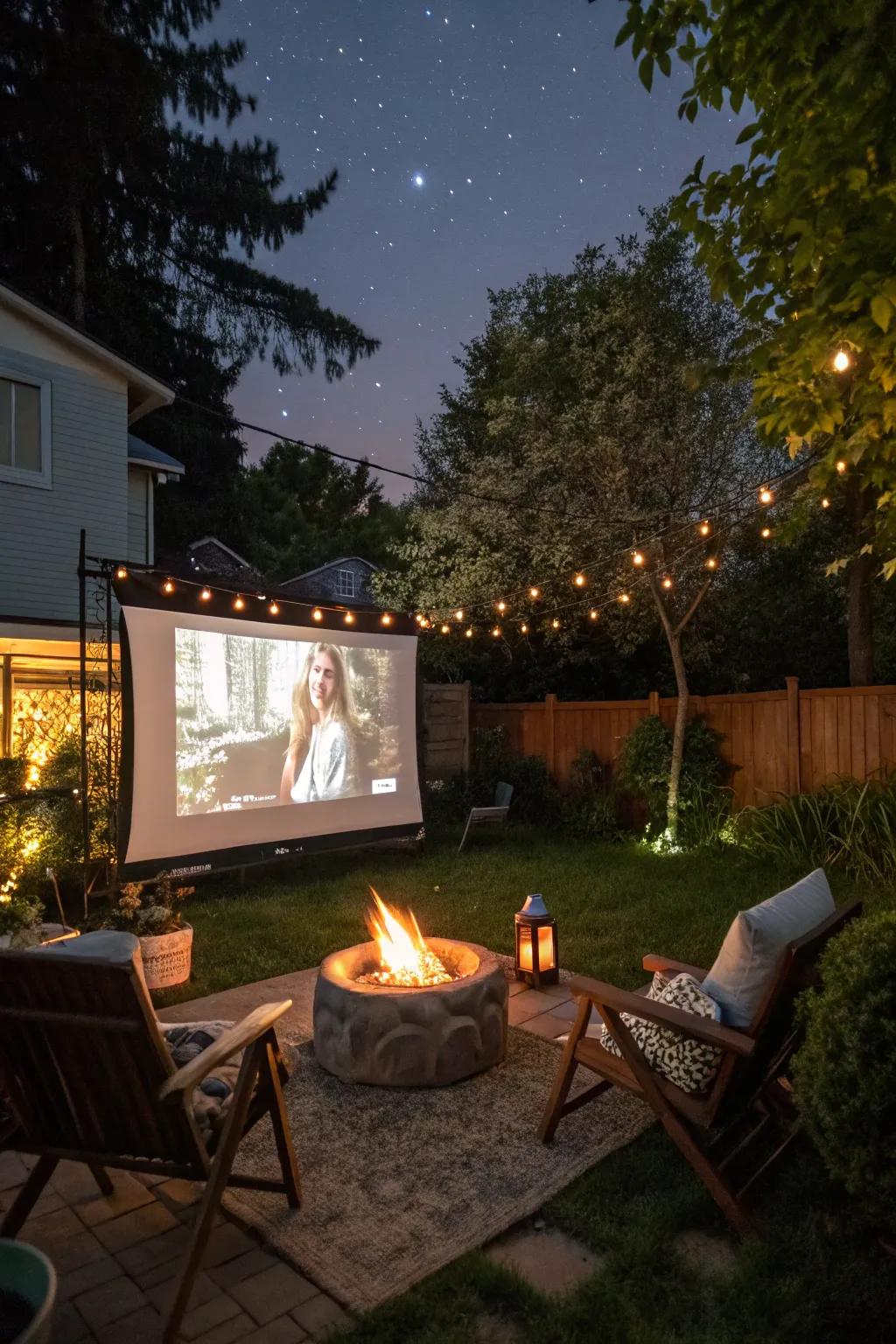 A backyard transformed into a cozy outdoor cinema.
