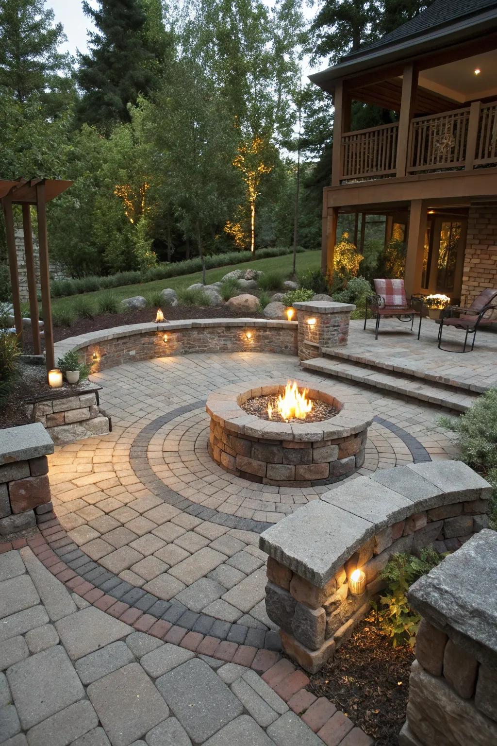 Stone and brick blend beautifully around this classic fire pit design.