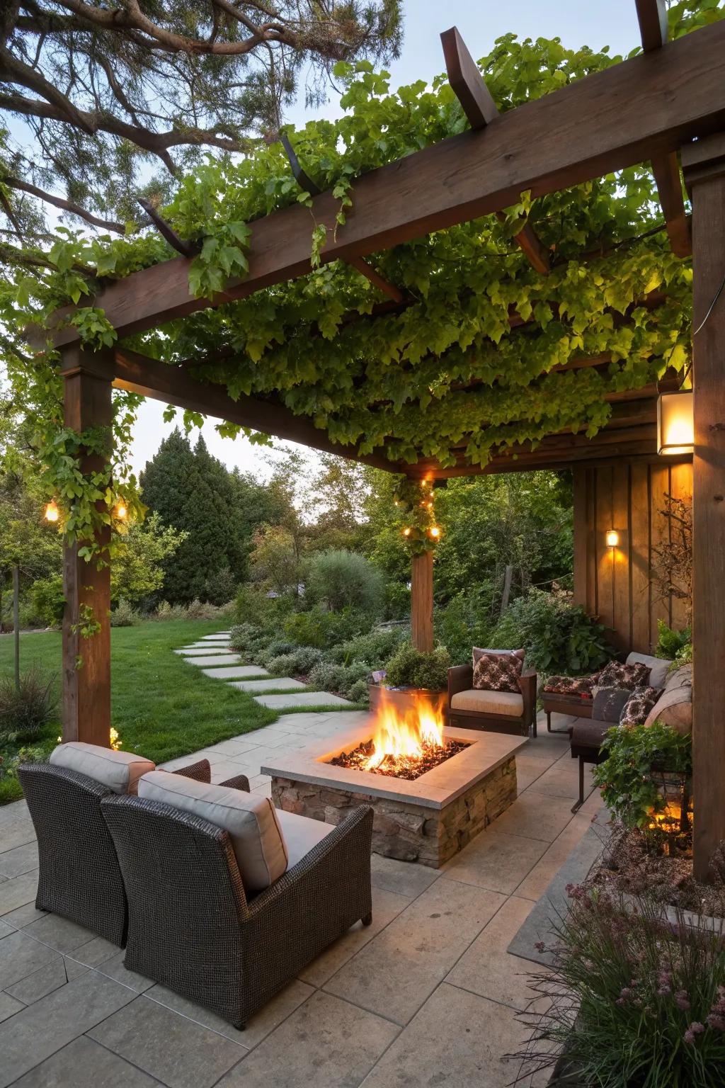 A pergola provides shade and charm to this inviting fire pit area.