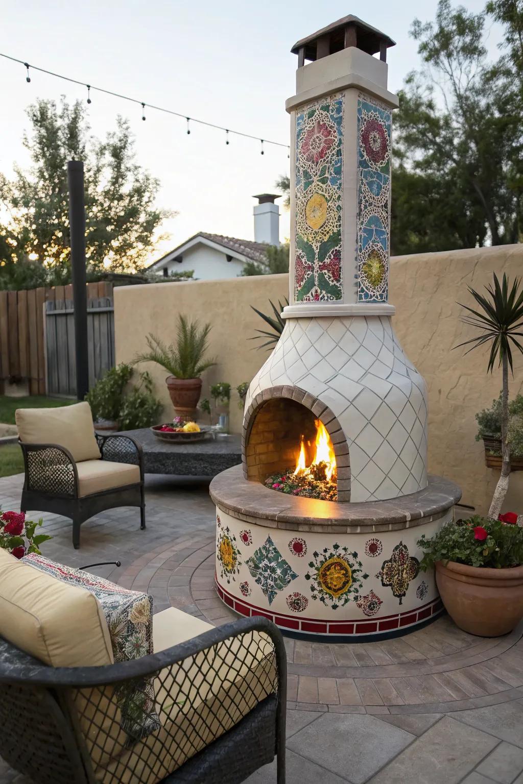 Decorative tiles add personality and color to a fire pit with a chimney.