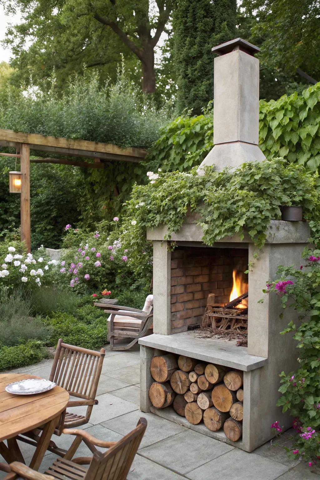 A fireplace with built-in log storage, merging functionality and style.
