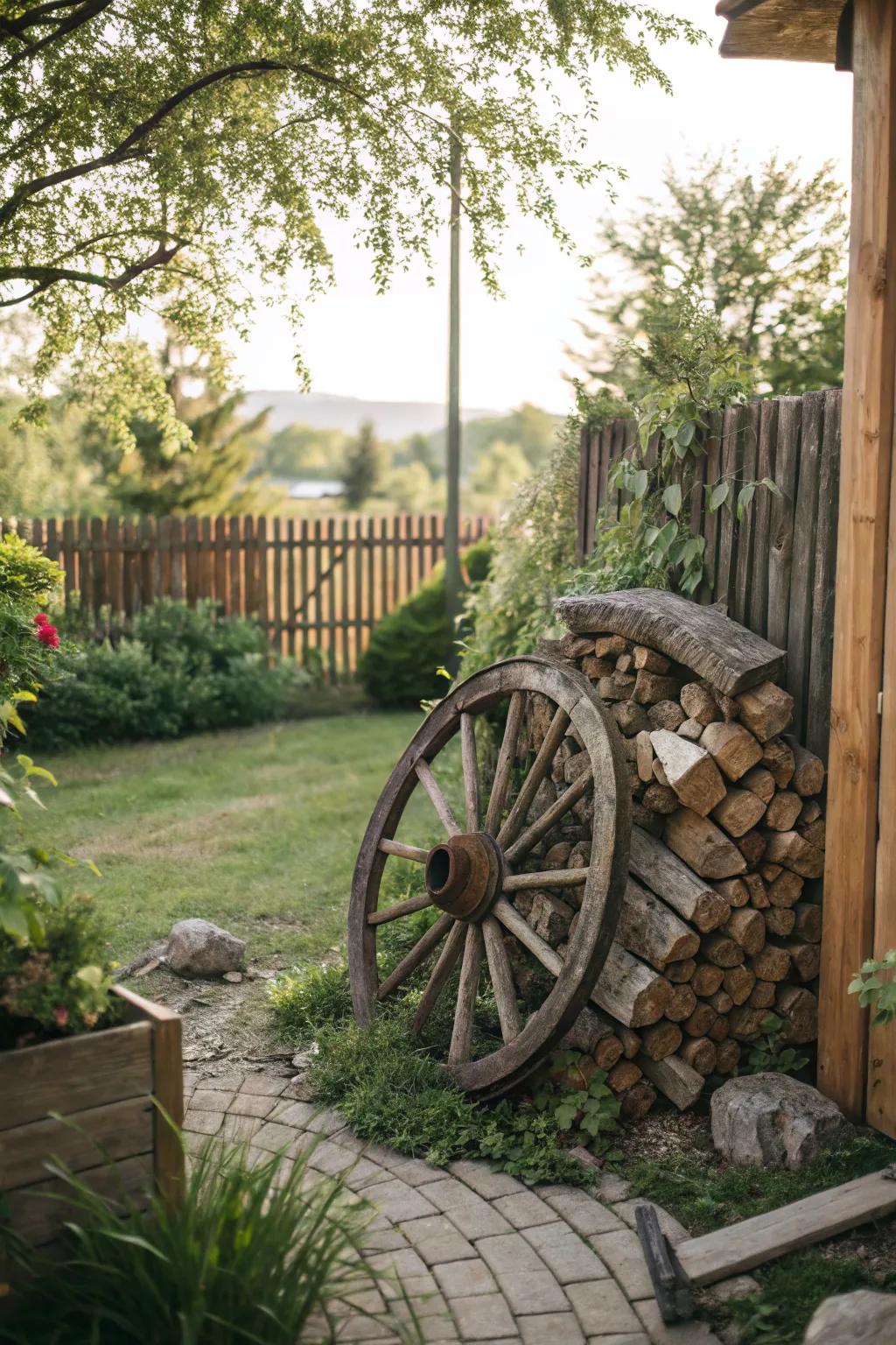 Wagon wheel stand adds vintage charm to the garden.