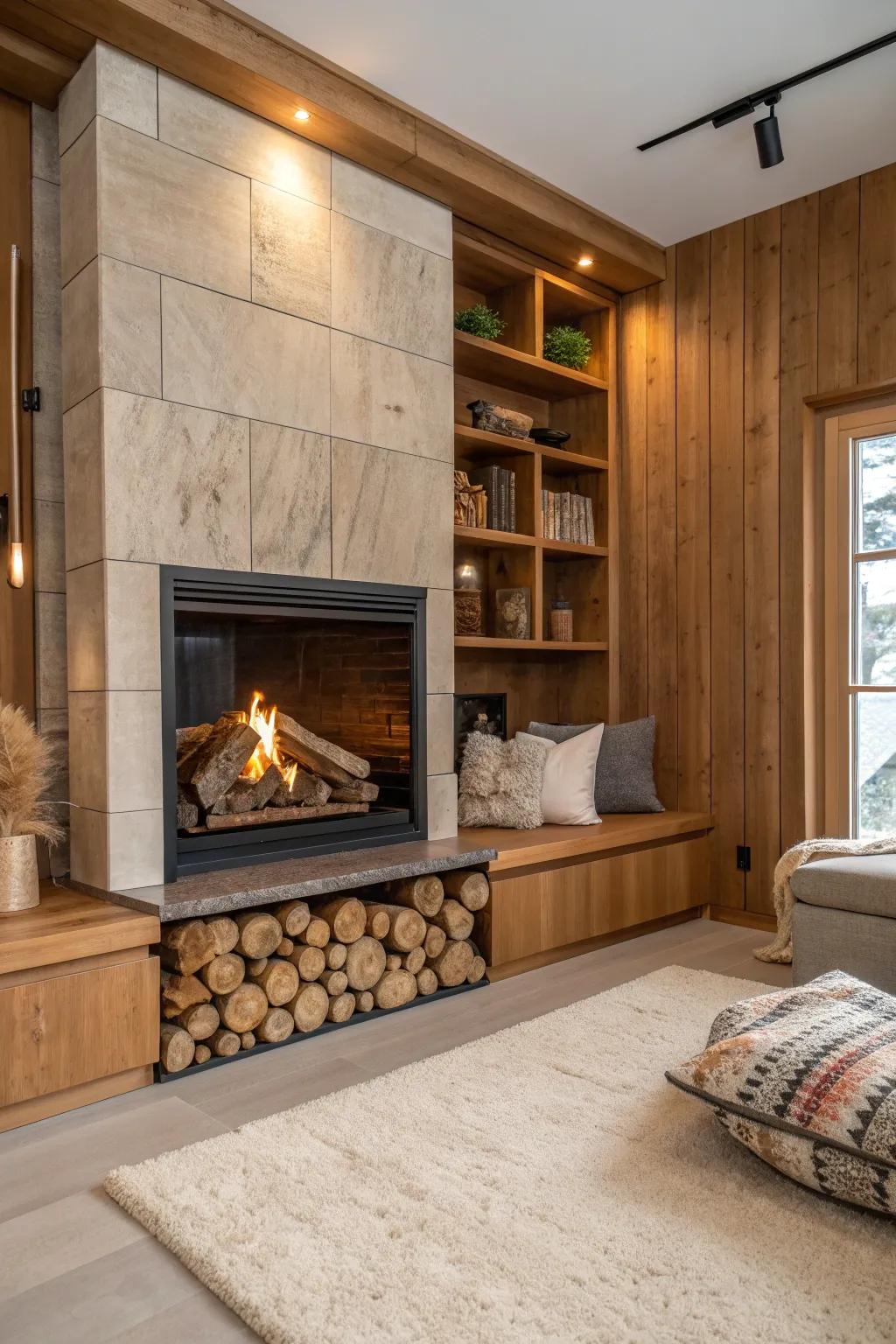 Integrated fireplace niche for convenient firewood storage.