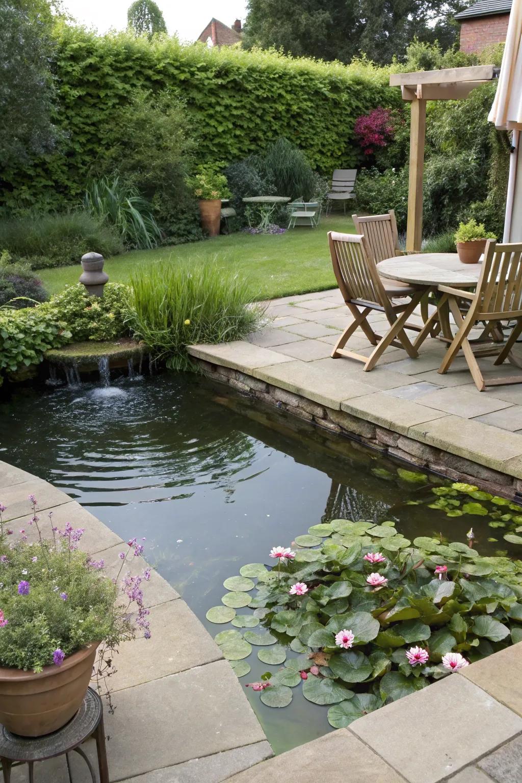 A patio pond provides a relaxing backdrop to any seating area