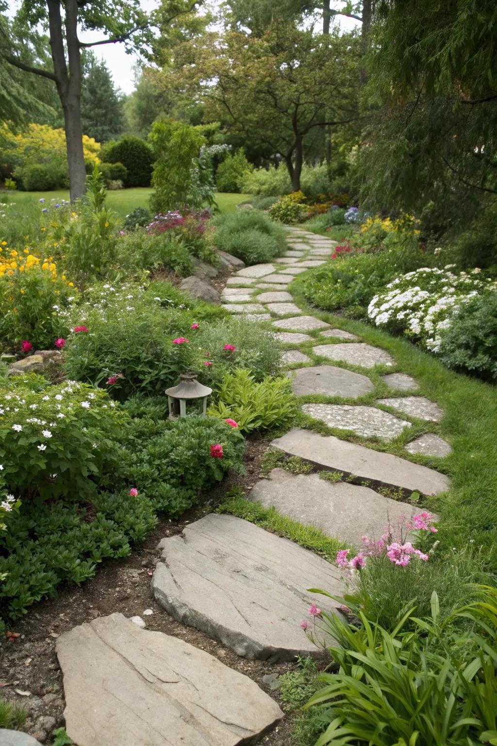 Flagstone stepping stones add a whimsical pathway through the garden.