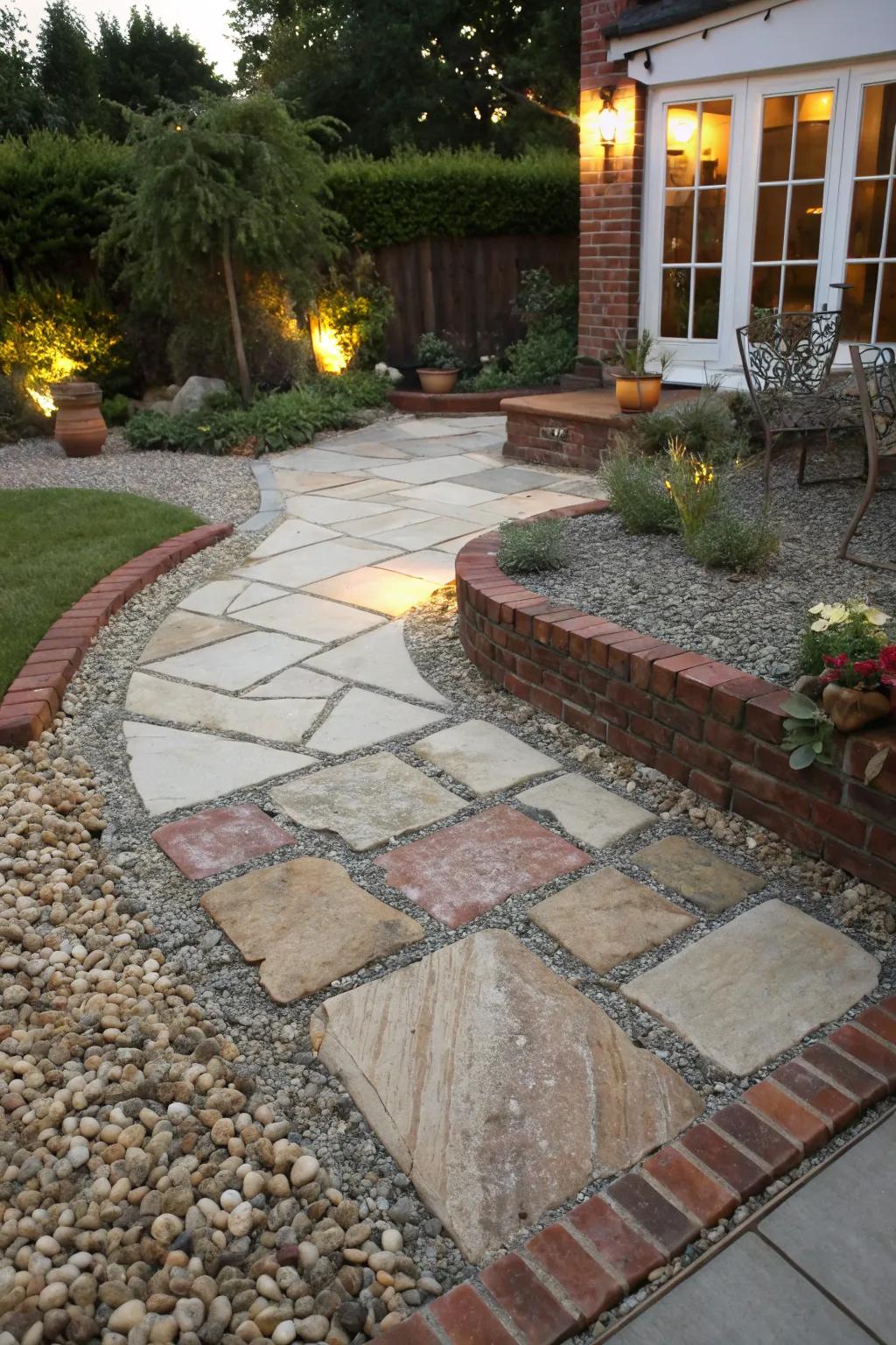 Experiment with mixed-material flagstone designs.