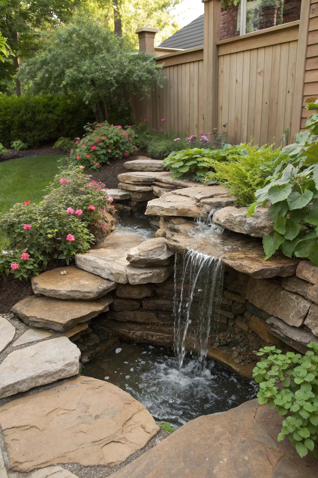 A compact flagstone waterfall perfect for small spaces.
