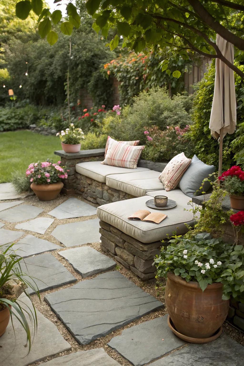 A cozy seating area made of flat rocks in a garden.