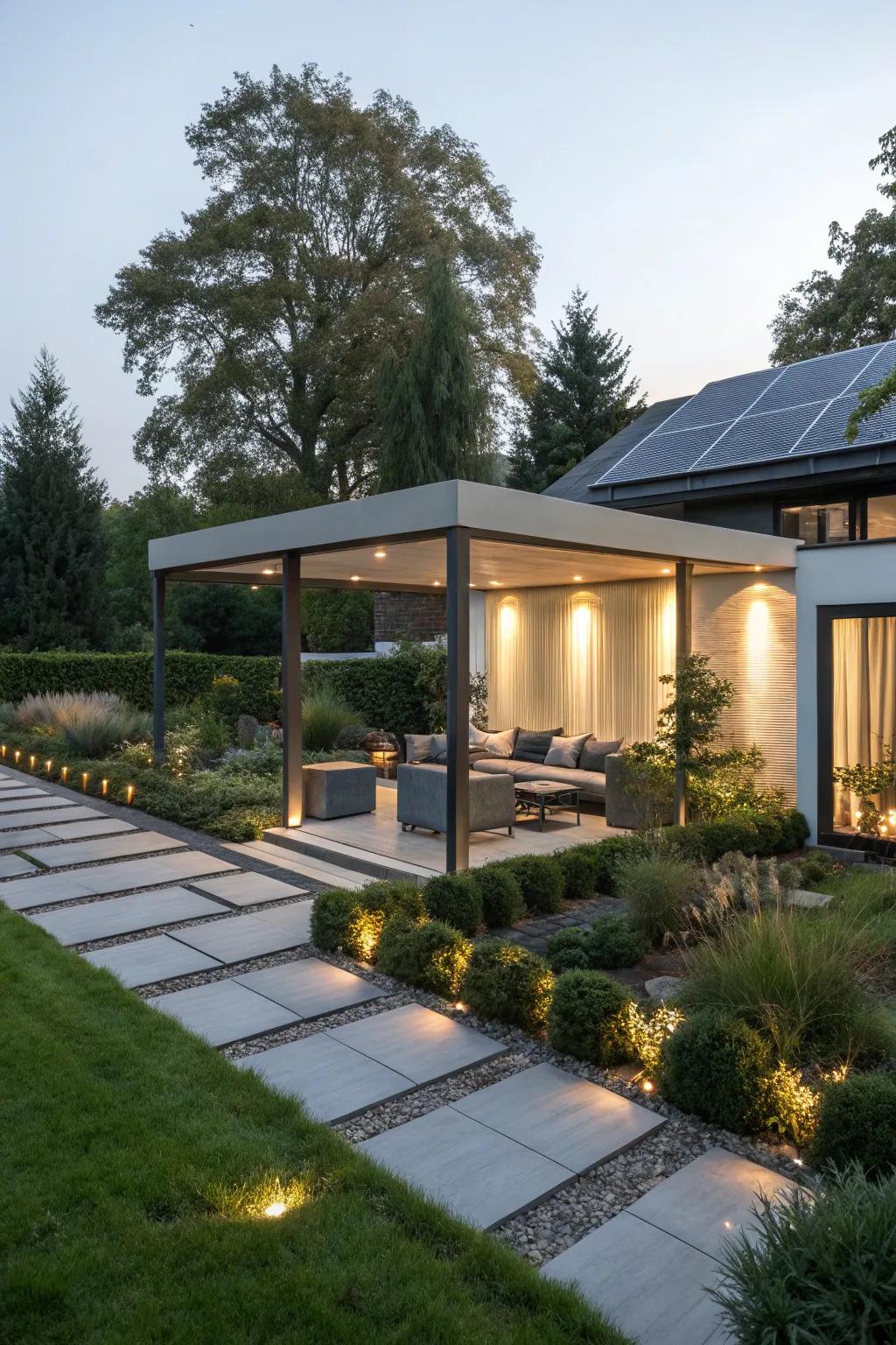 A solar-powered gazebo offering eco-friendly illumination.