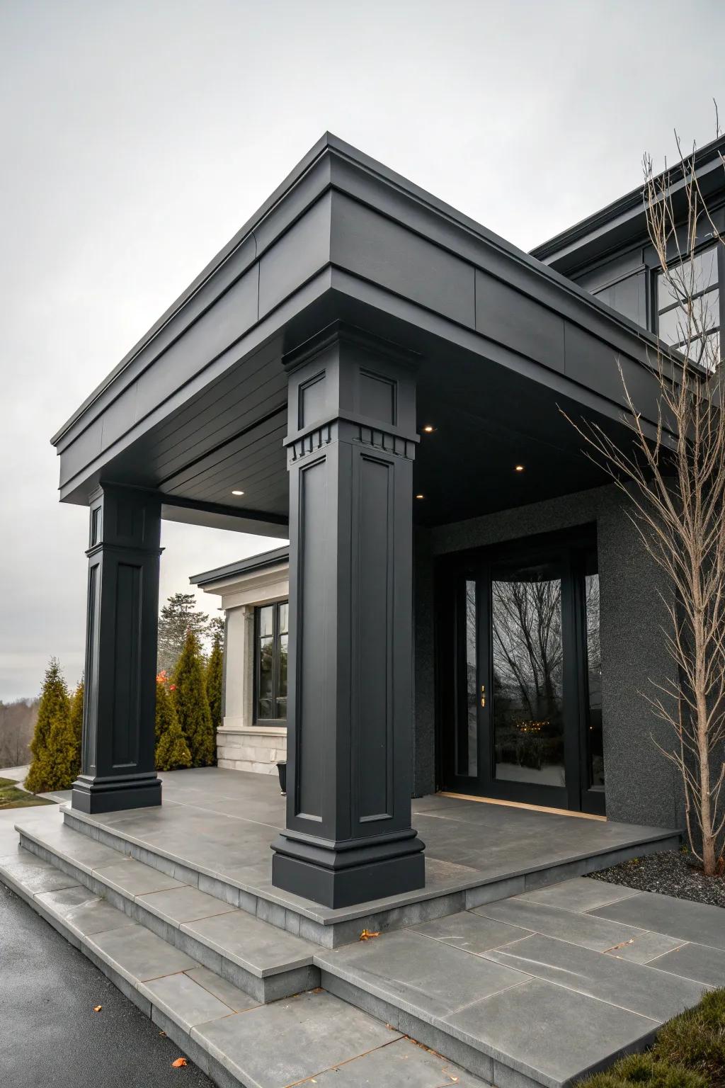 Dark hues add drama and sophistication to this flat roof portico.